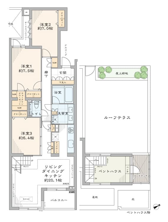目白　ペントハウスと56㎡超ルーフテラス付き最上階住戸 間取り図