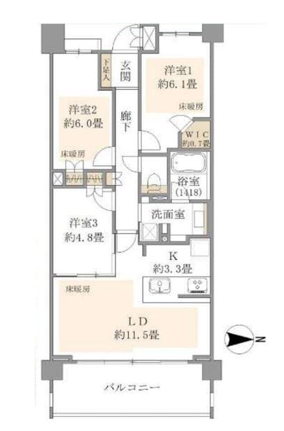 国立競技場　共用施設充実、緑に囲まれた70㎡超の3LDK 間取り図