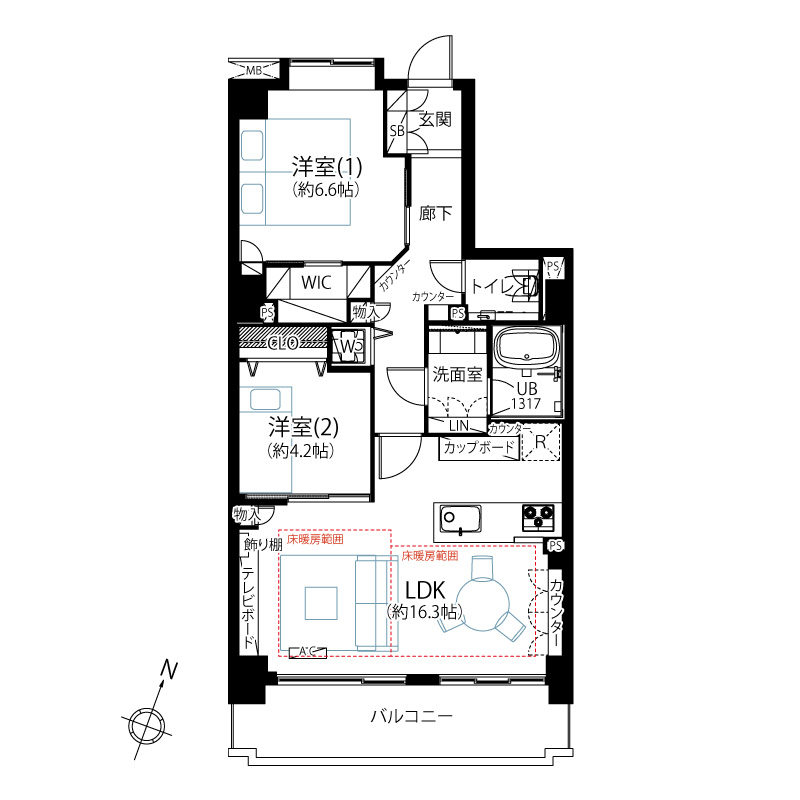 青山一丁目　木の温もりに包まれる南東向きの2LDK 間取り図