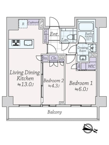 目黒　駅徒歩5分、床暖房付きの上質な2LDK 間取り図