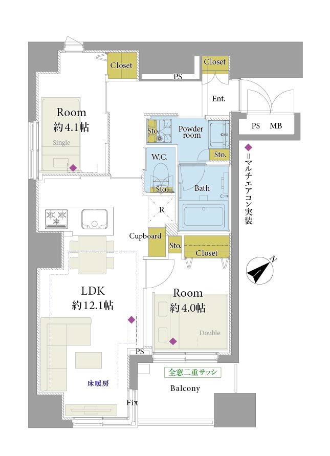 三田　二面採光の明るいLDK、洗練された住まい 間取り図