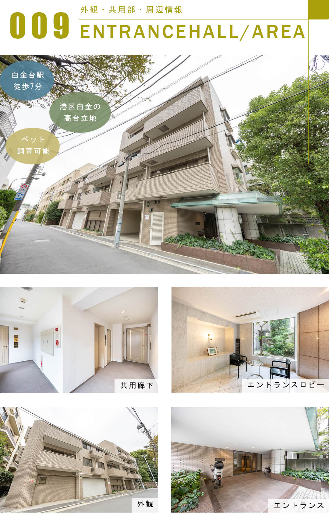 白金三光坂パーク・マンションの外観と共用部